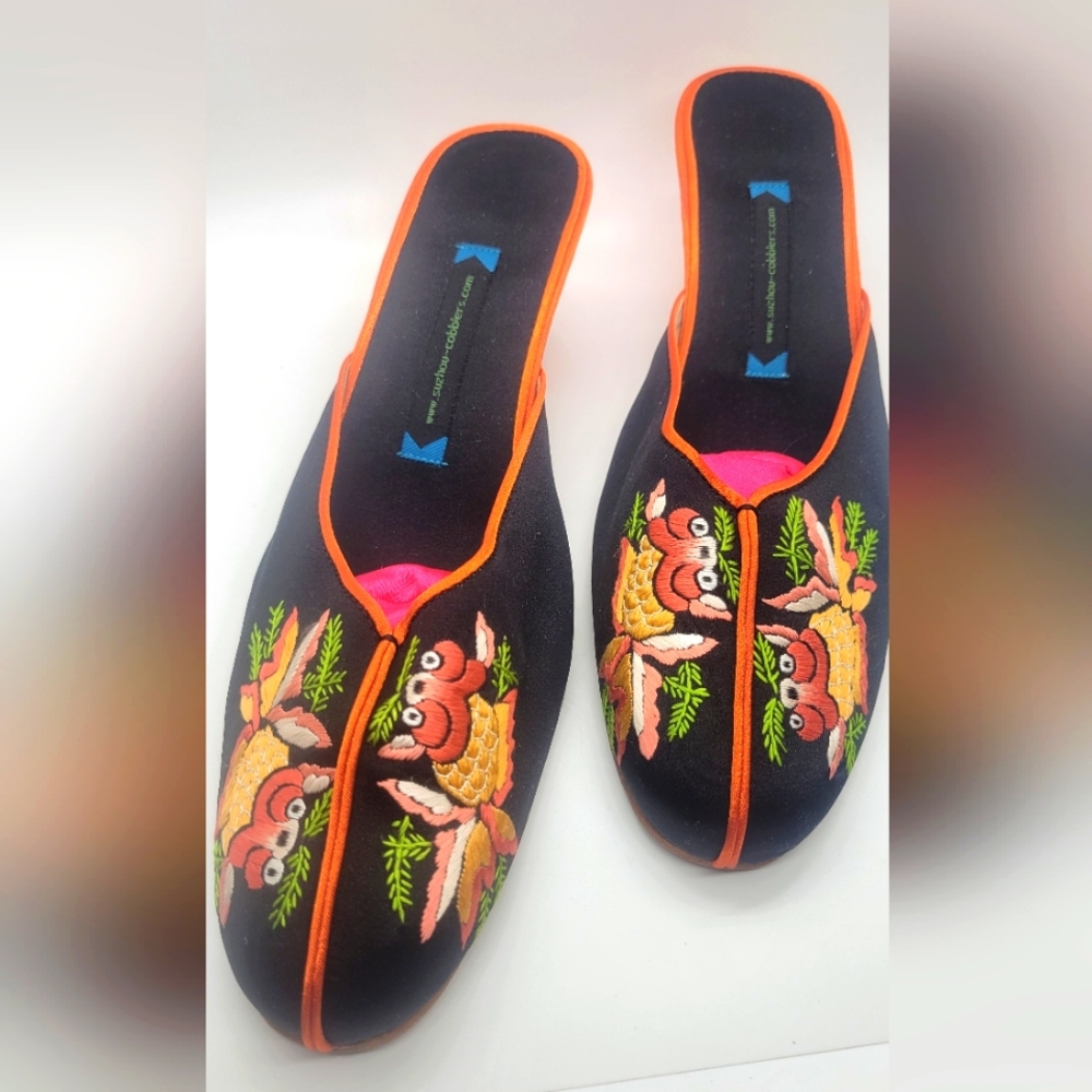 Embroidered Silk Black and Orange Women's Evening Shoes